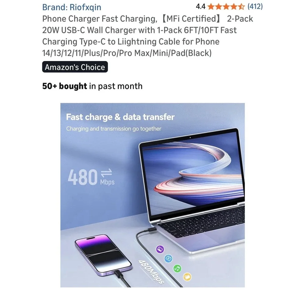 Super Fast Charger Type C to iphone 2 pc IphoneCharging Block‎ 64 inches